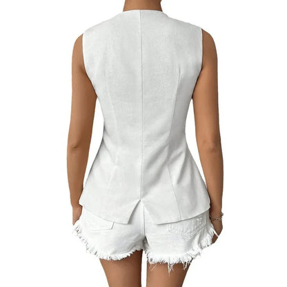 Sleeveless Button Round Neck Elegant Vest - Gizmo Galaxy