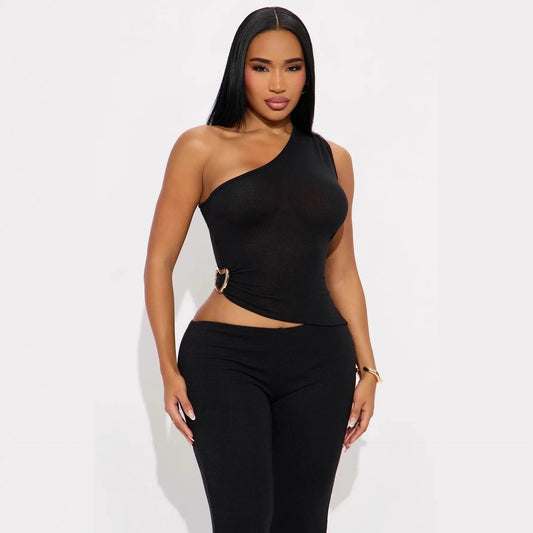 Fashionable Solid-Color Slim-Fit Asymmetrical-Neck Tops And Pants Set That Flatters Your Figure - Gizmo Galaxy