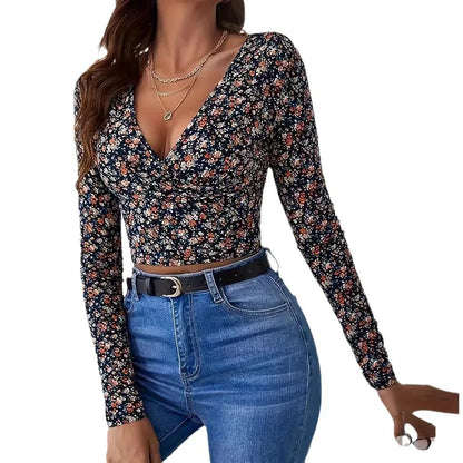 Women's Printed V-neck Top Long Sleeve - Gizmo Galaxy