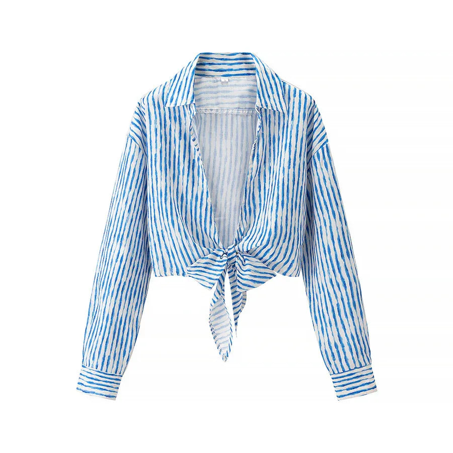 Women's Turn-down Collar Striped Long Sleeve Shirt - Gizmo Galaxy