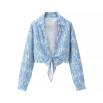 Women's Turn-down Collar Striped Long Sleeve Shirt - Gizmo Galaxy