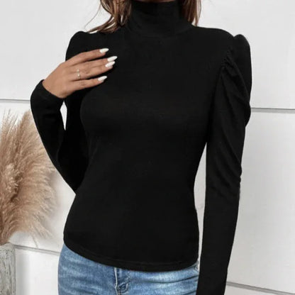 Women's Solid Color High Neck Back Button Decoration Slim Fit Long Sleeved T-shirt - Gizmo Galaxy