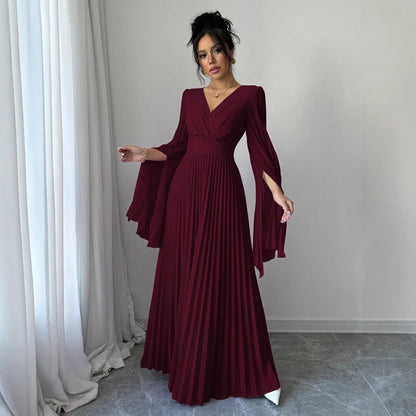 Women's High-waisted Long Deep-V-neck Long-sleeve Flared-sleeve Dress - Gizmo Galaxy