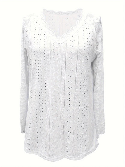 Contrast Lace V-neck Eyelet T-Shirt - Gizmo Galaxy