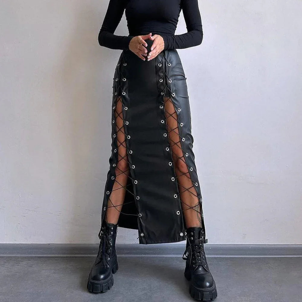Women's Leather Sexy Solid Color Slit Tie Wrap Skirt - Gizmo Galaxy