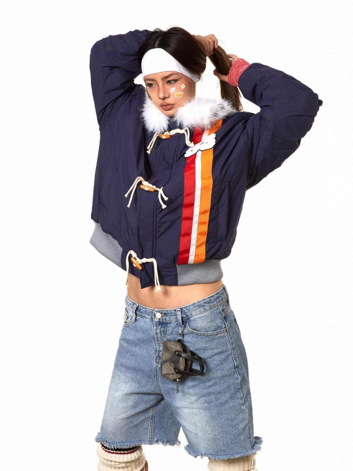 Horn Button Ribbon Short Fur Collar Cotton Coat - Gizmo Galaxy