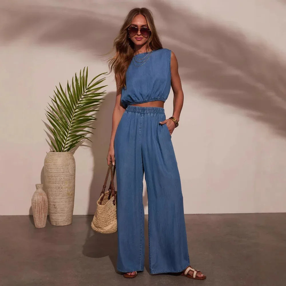 Women's Casual Personality Denim Tube Top Braided Rope Wide Leg Pants Set - Gizmo Galaxy