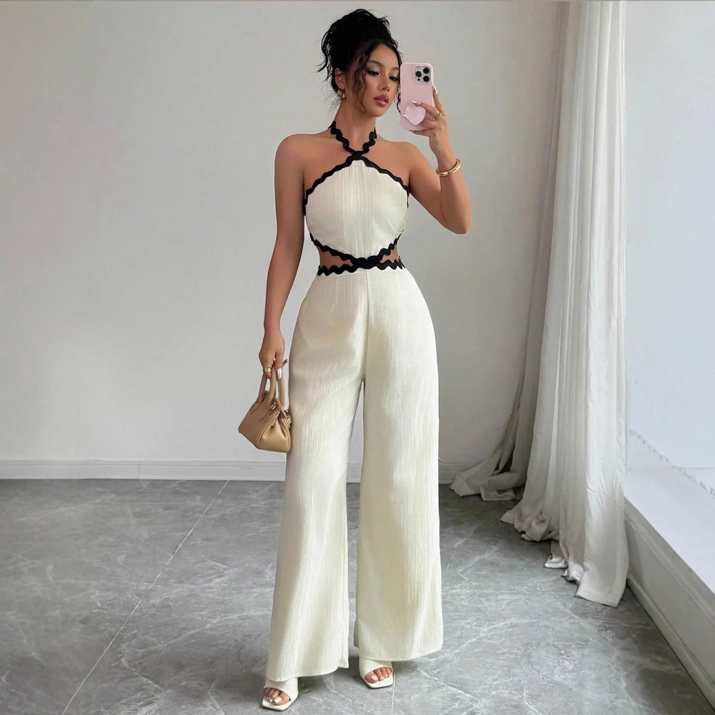 Women's Fashionable Wave Lace Texture Halter Stitching Hollow-out Jumpsuit - Gizmo Galaxy