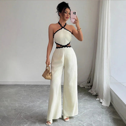 Women's Fashionable Wave Lace Texture Halter Stitching Hollow-out Jumpsuit - Gizmo Galaxy