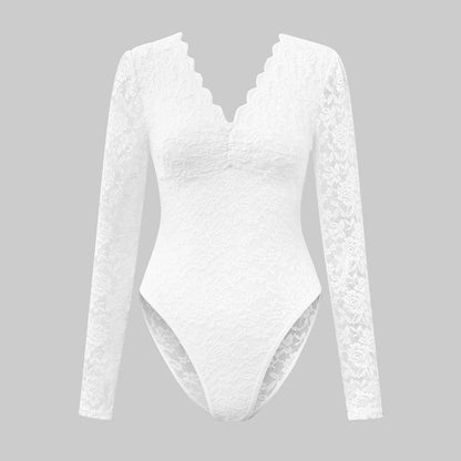Sexy Solid-Color Lace Long-Sleeve Sheer Bodycon Jumpsuit - Gizmo Galaxy