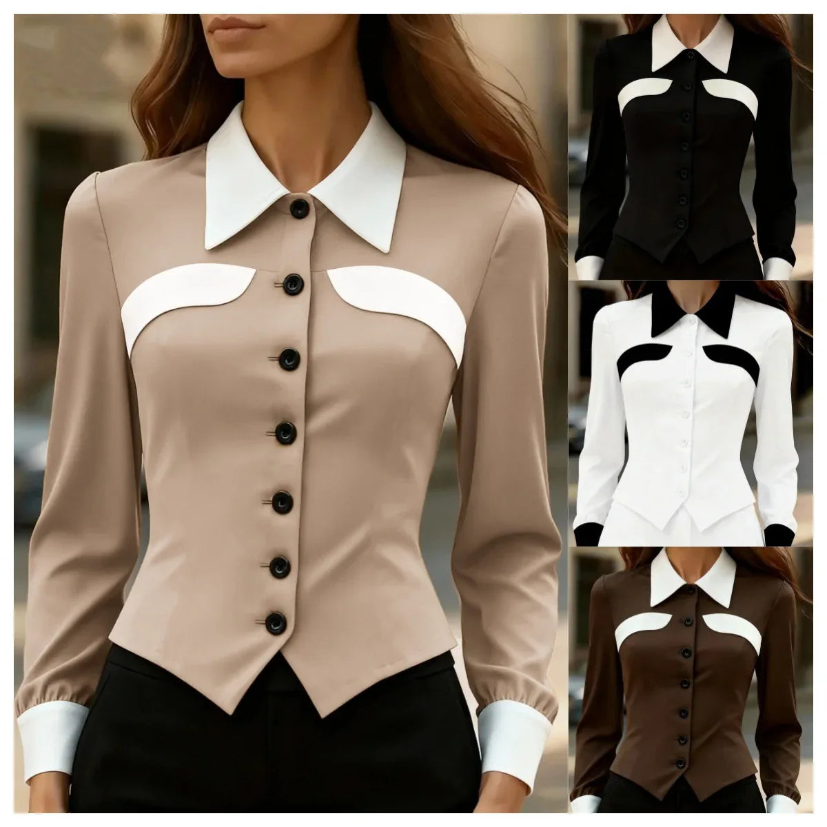 Independent Website Women's Color-block Slim-fit Versatile Slimming Long-sleeved Shirt - Gizmo Galaxy