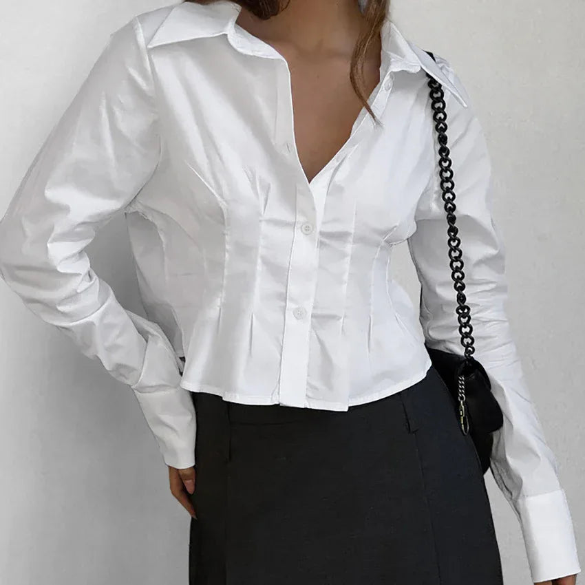Women's Solid Color Waist-Cinching Elegant Shirt - Gizmo Galaxy