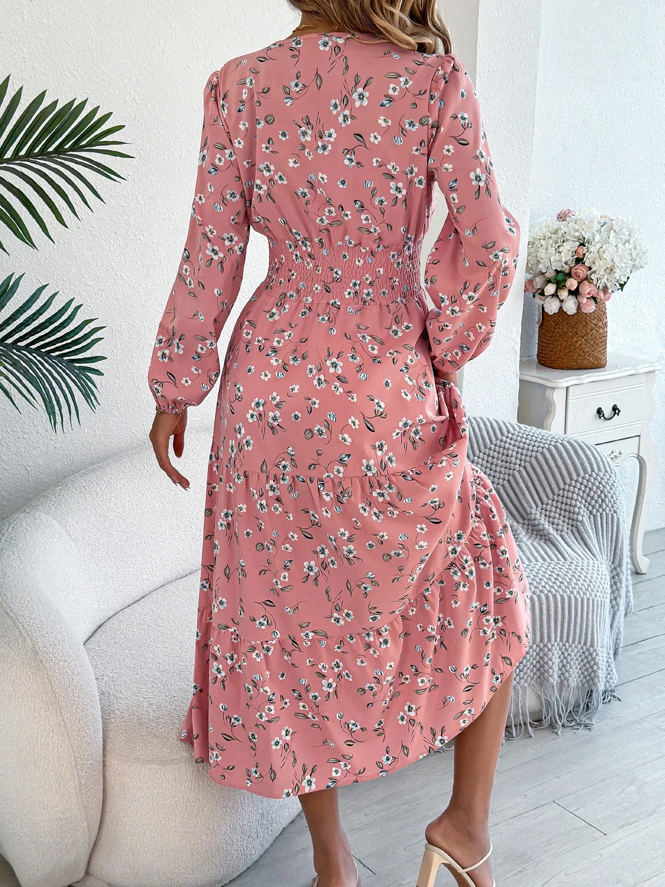Women's Elegant Floral V-Neck Long Sleeve Waist-Defined Hem Ruffle A-Line Dress - Gizmo Galaxy