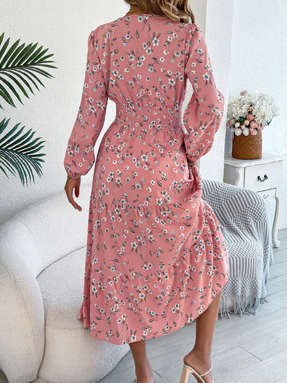 Women's Elegant Floral V-Neck Long Sleeve Waist-Defined Hem Ruffle A-Line Dress - Gizmo Galaxy