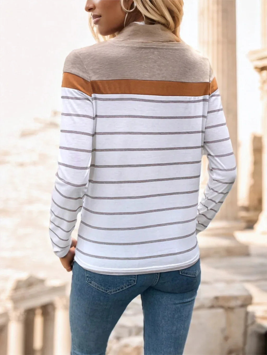 Women's Round Neck Striped Long Sleeve T-Shirt - Gizmo Galaxy
