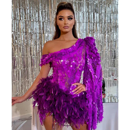 Purple Sequined Feather Skirt One-shoulder Sleeve Short Dress Luxury Party Stage Performance Dress - Gizmo Galaxy