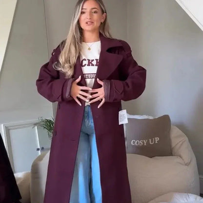 New Wine Red Loose Lapel Long Sleeves Single Button Overcoat Coat - Gizmo Galaxy