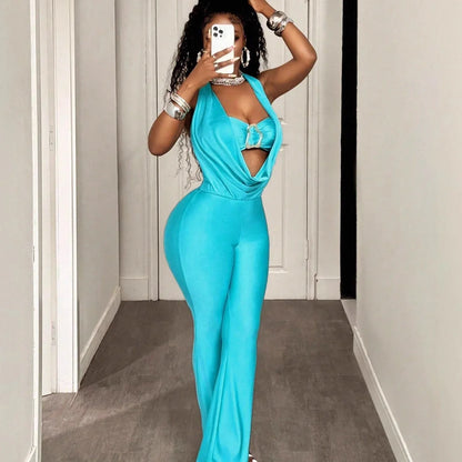 Women's Fashion Solid-Color High-Waist Sleeveless Halter Jumpsuit - Gizmo Galaxy