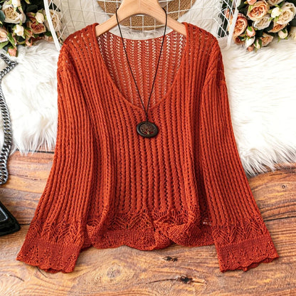 Hollow-out Spring And Summer Long Sleeves Knitted V-neck Plus Size Women's Long-sleeved Sweater - Gizmo Galaxy