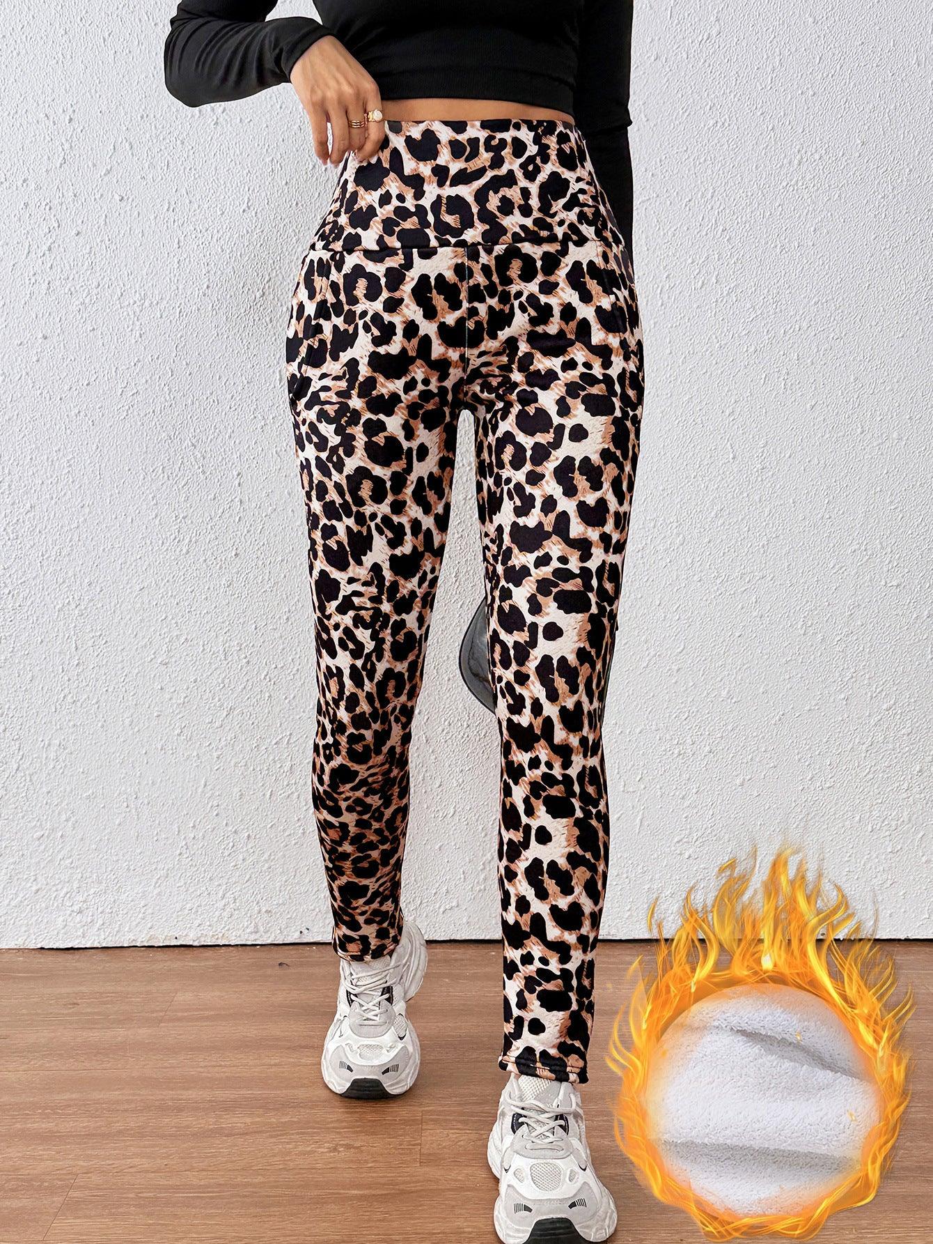 Leopard Print Cashmere Leggings High Waist Slimming And Velvet Padded Warm Side Pocket - Gizmo Galaxy