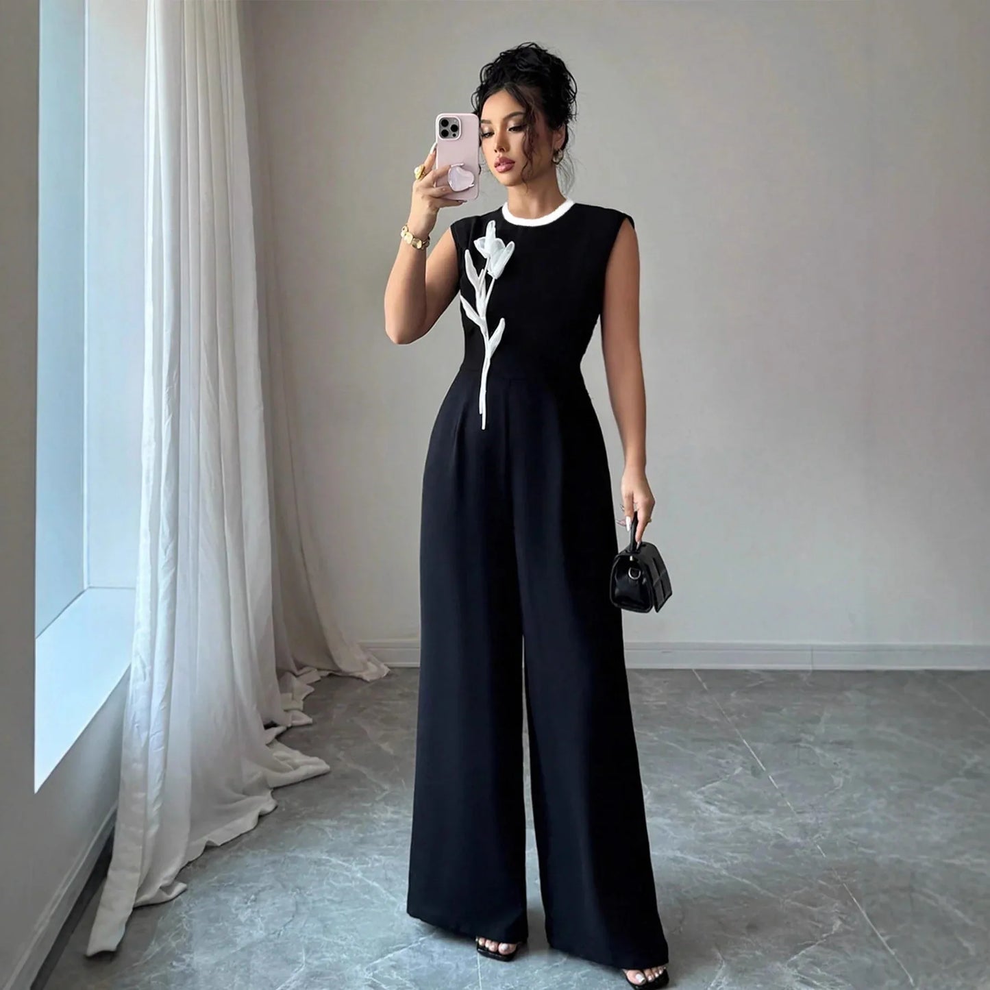 Elegant Embroidered Black Crew-Neck Sleeveless Wide-Leg Jumpsuit - Gizmo Galaxy