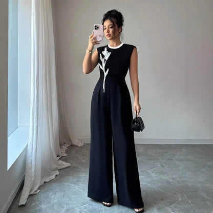 Elegant Embroidered Black Crew-Neck Sleeveless Wide-Leg Jumpsuit - Gizmo Galaxy