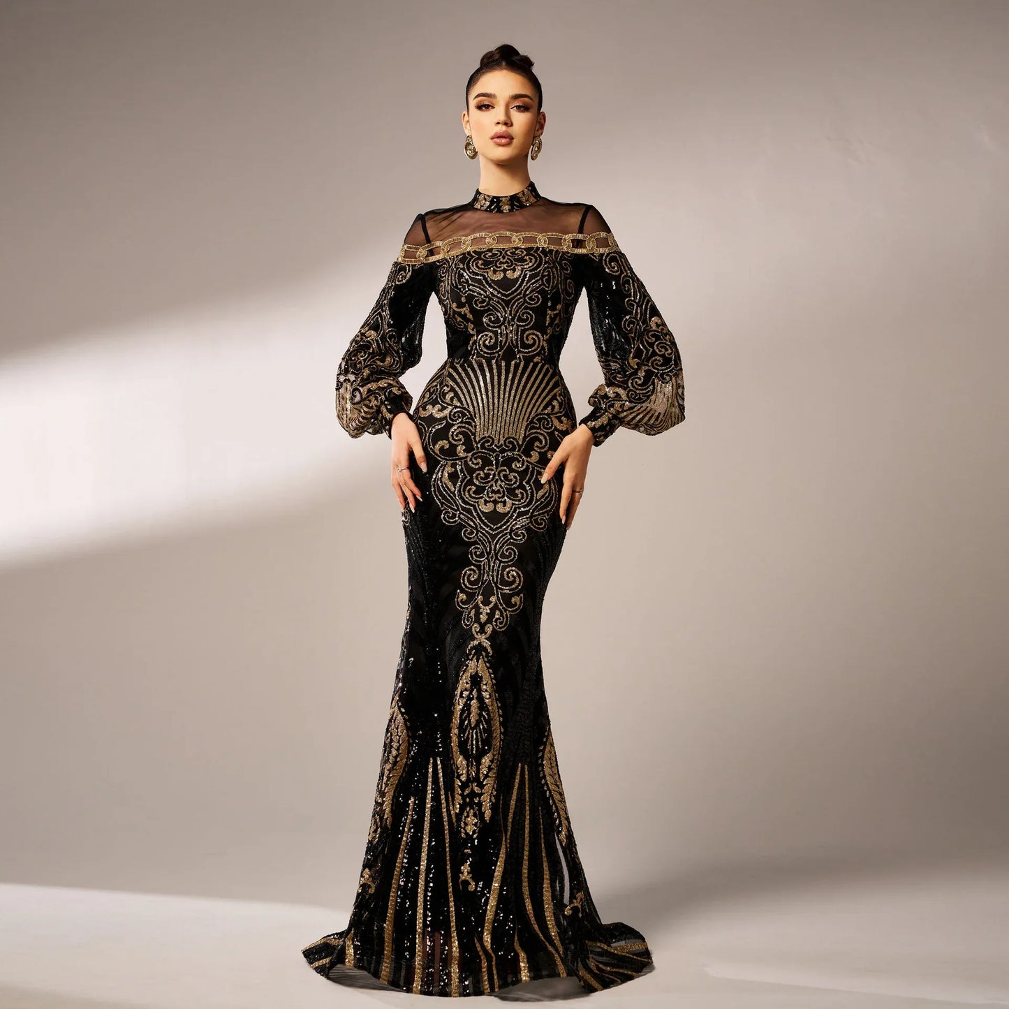 Long Sleeve Round Neck Sequins Mesh Fishtail Evening Dress - Gizmo Galaxy