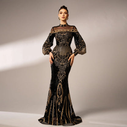 Long Sleeve Round Neck Sequins Mesh Fishtail Evening Dress - Gizmo Galaxy