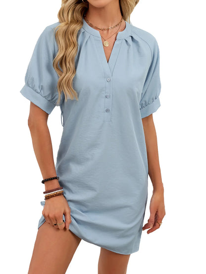 Women's Solid-Color Casual V-Neck Lace-Up Dress - Gizmo Galaxy