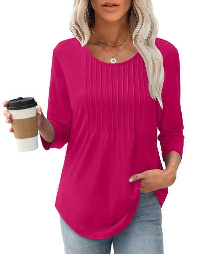 New Women's Long Sleeved Top, Fashionable And Casual Pleated Low Round Neck Women's T-shirt - Gizmo Galaxy