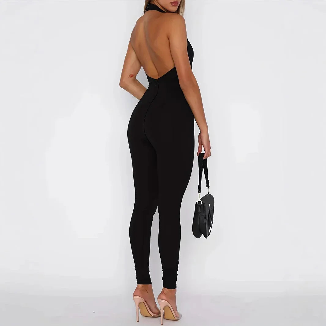 Women's Pure Color Halter Backless Sexy Slim-fit Jumpsuit Trousers - Gizmo Galaxy