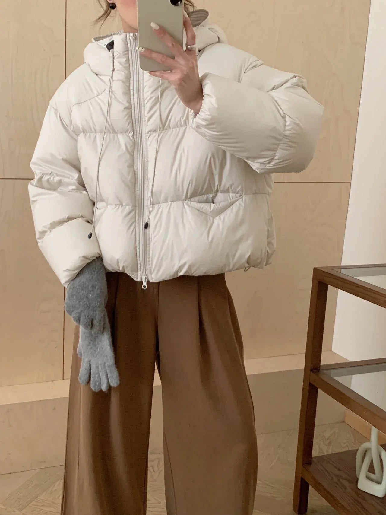 White Duck Down Puff Fluffy Hooded Down Jacket - Gizmo Galaxy