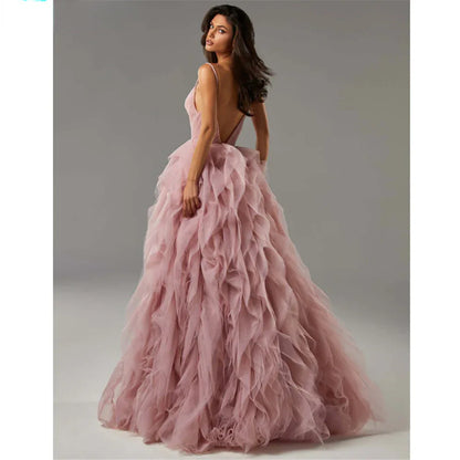 Evening Gown Prom Irregular Spaghetti-strap Mesh Long Dress - Gizmo Galaxy