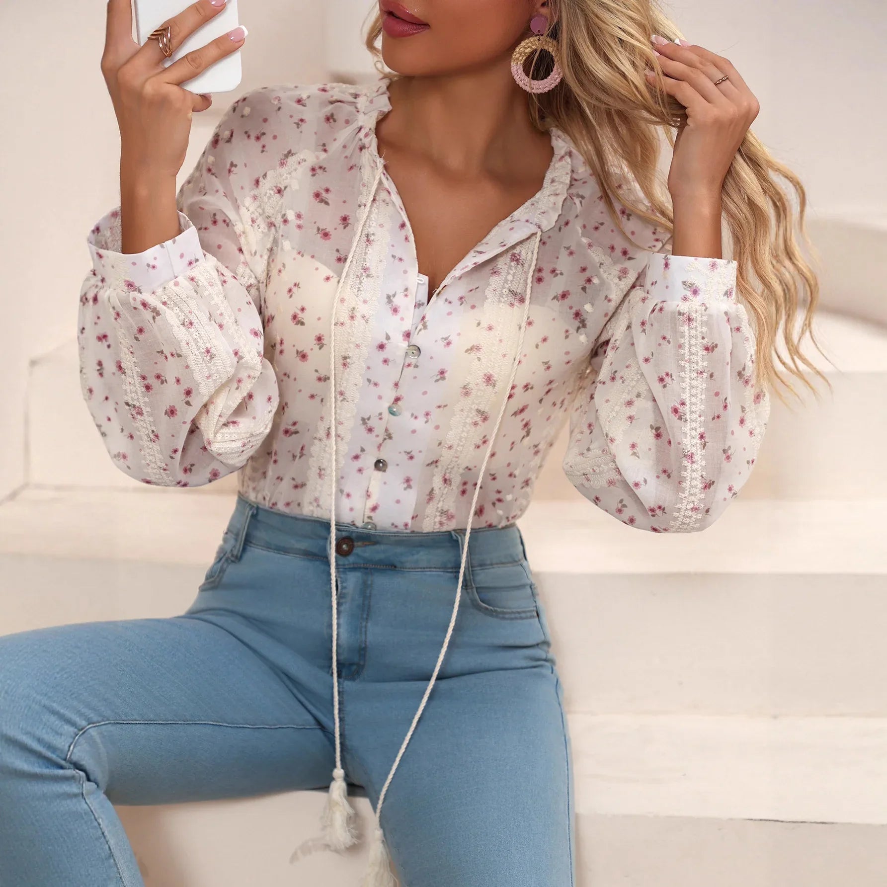 Womens Casual V-Neck Embroidered Shirt With Drawstring Trim - Gizmo Galaxy