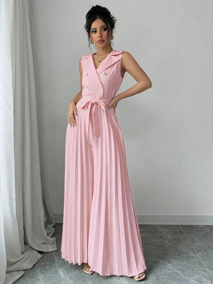 Suit Collar Bow Tie Belted Waist Pleated Jumpsuit - Gizmo Galaxy