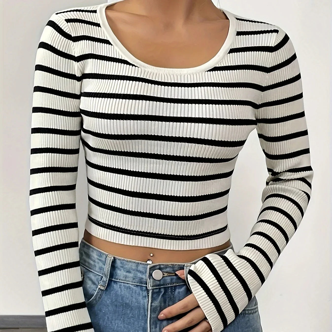 Women's Striped Slim Fit Long Sleeved Knitted T-shirt Top - Gizmo Galaxy