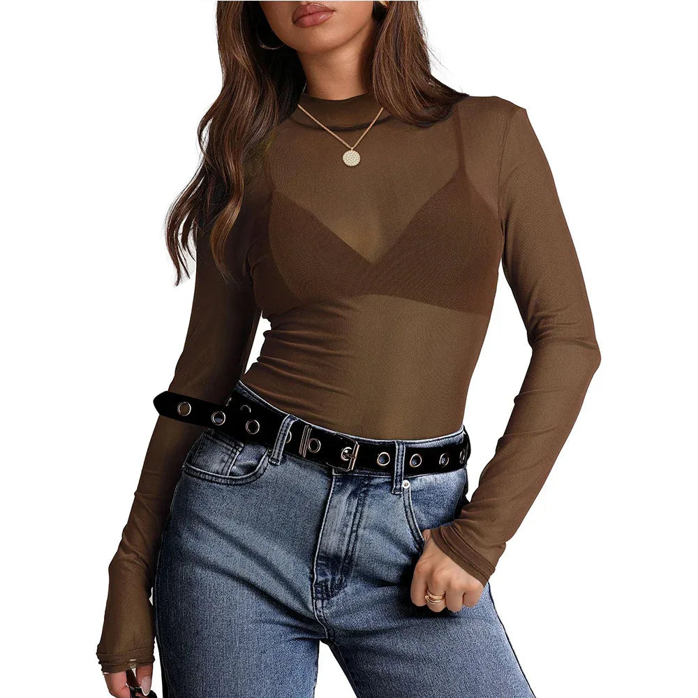 Women's Semi High Neck Sheer Long Sleeve TShirt Sexy Y2K Mesh Top - Gizmo Galaxy