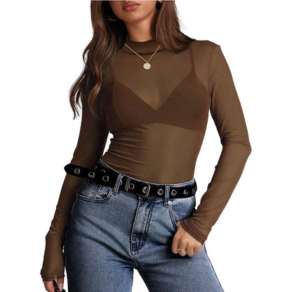 Women's Semi High Neck Sheer Long Sleeve TShirt Sexy Y2K Mesh Top - Gizmo Galaxy