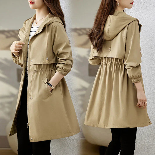 Early Autumn Casual Women's Windbreaker Loose Hooded Fashion Mid-length Slimming Coat - Gizmo Galaxy