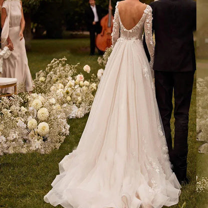 Sexy See-through Wedding Long Sleeve Embroidered Deep V Puffy Wedding Dress - Gizmo Galaxy