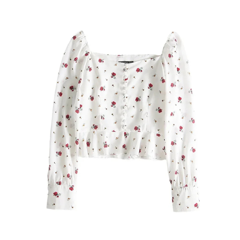 French Retro Square Neck Print Single-breasted Long Sleeve Ruffle Shirt - Gizmo Galaxy