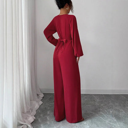 Women's Solid-Colored Jumpsuit With Puffed Sleeves, Square Neck And Wide Legs - Gizmo Galaxy