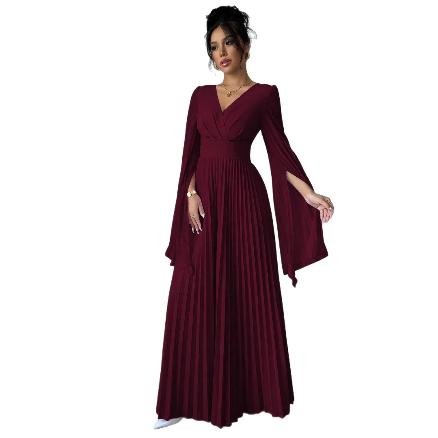 Women's High-waisted Long Deep-V-neck Long-sleeve Flared-sleeve Dress - Gizmo Galaxy