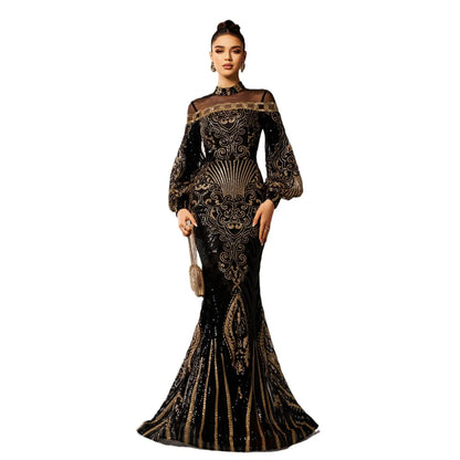 Long Sleeve Round Neck Sequins Mesh Fishtail Evening Dress - Gizmo Galaxy