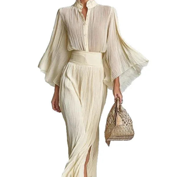 Pleated Wide-sleeve Shirt And Maxi Skirt Two-piece Women's Set - Gizmo Galaxy