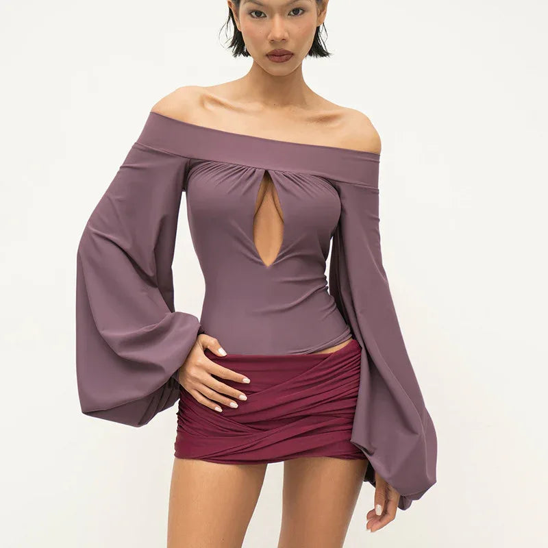 European And American-style Off-neck Lantern Sleeve Hollow-out Top For Women - Gizmo Galaxy