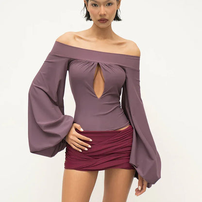 European And American-style Off-neck Lantern Sleeve Hollow-out Top For Women - Gizmo Galaxy