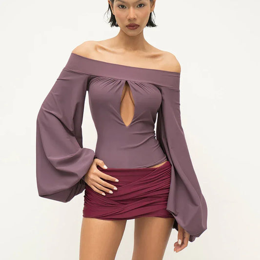 European And American-style Off-neck Lantern Sleeve Hollow-out Top For Women - Gizmo Galaxy
