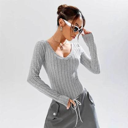 Simple Casual Solid Color Deep V-neck Slim Fit Waist-controlled Long Sleeves Jumpsuit Women - Gizmo Galaxy