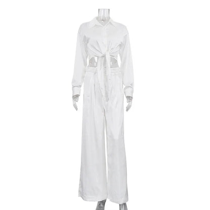 Two-piece Set Featuring A Lapel Long-sleeve Shirt And High-waisted Wide-leg Pants - Gizmo Galaxy